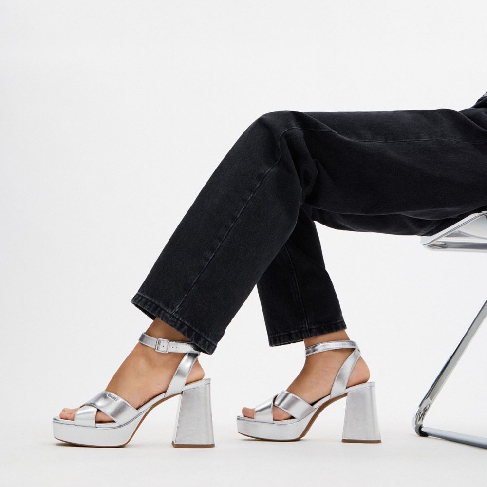 Coach Block Heel Sandal Metallic Silver