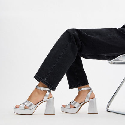 Coach Block Heel Sandal Metallic Silver