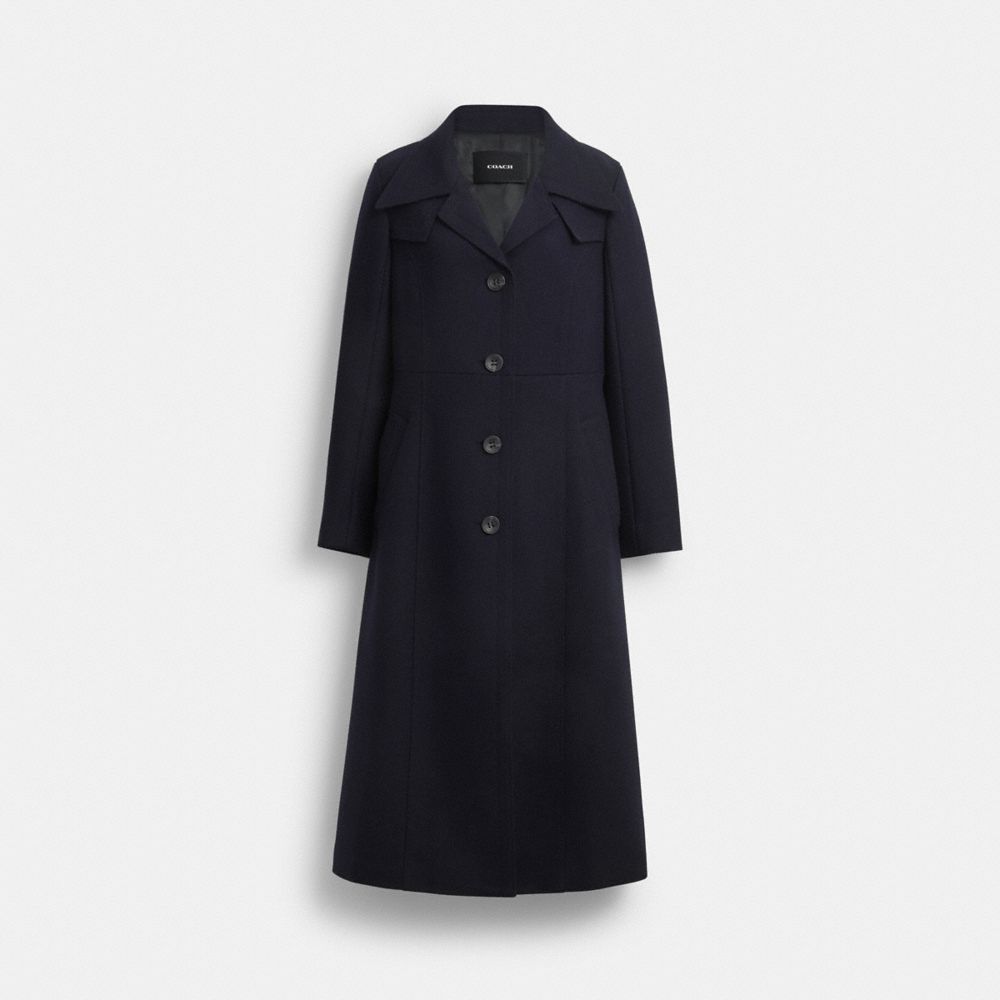 Coach Long Wool Trench Coat Navy Blue