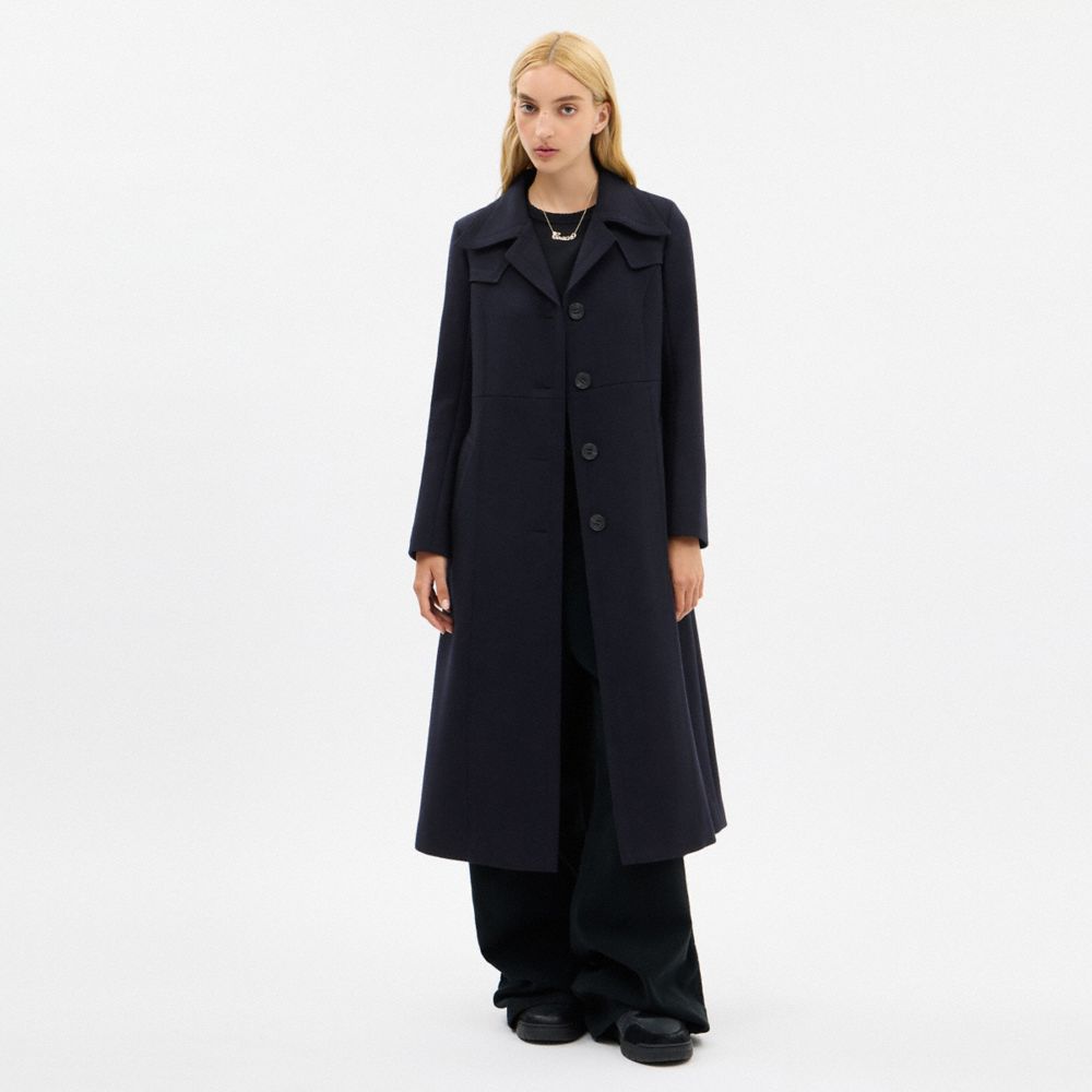 Coach Long Wool Trench Coat Navy Blue