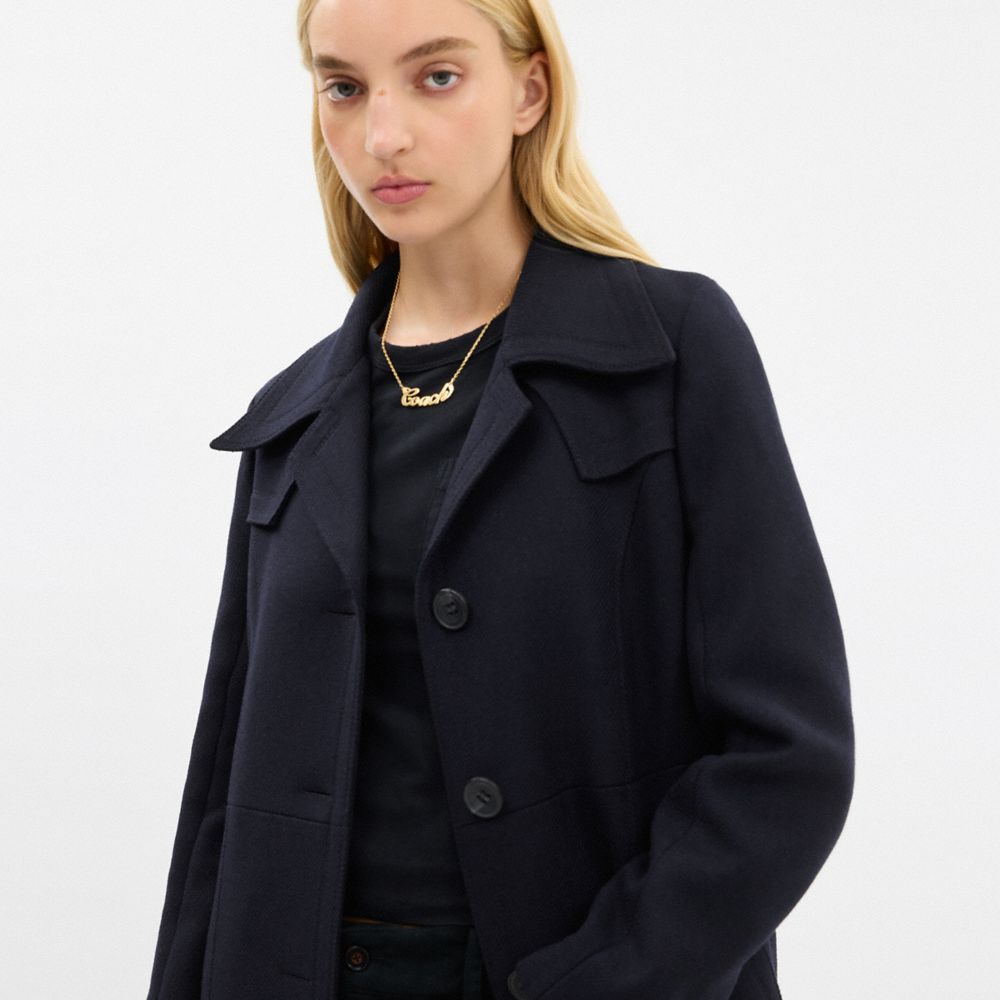 Coach Long Wool Trench Coat Navy Blue