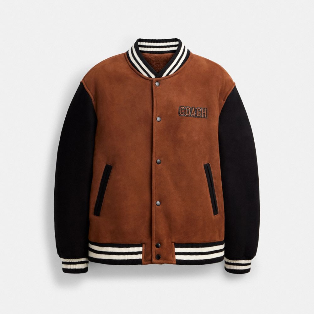 Coach Shearling Varsity Jacket Brown