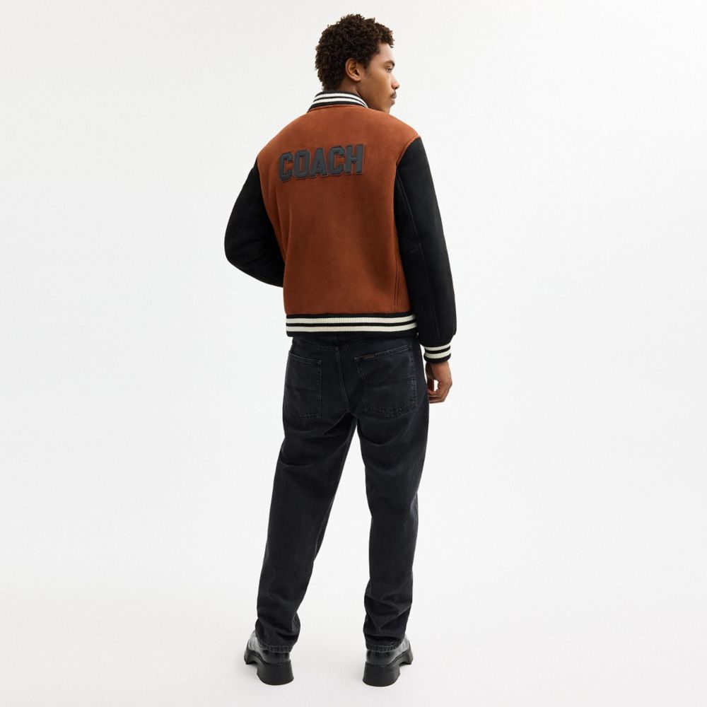 Coach Shearling Varsity Jacket Brown