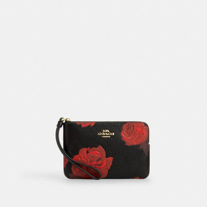 Coach Corner Zip Wristlet With Floral Print Im Black Red