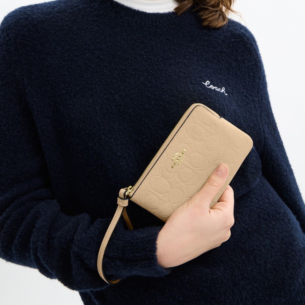 Coach Corner Zip Wristlet In Signature Leather Gold