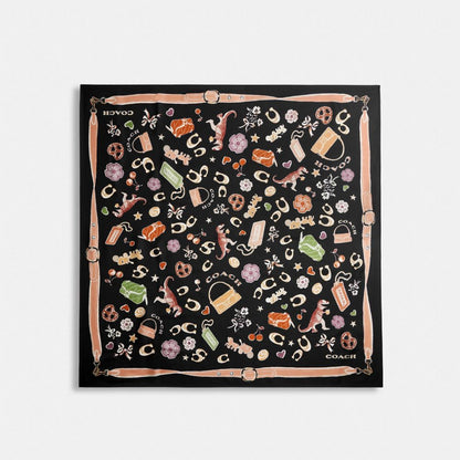 Coach Iconic Motifs Print Silk Square Scarf Black