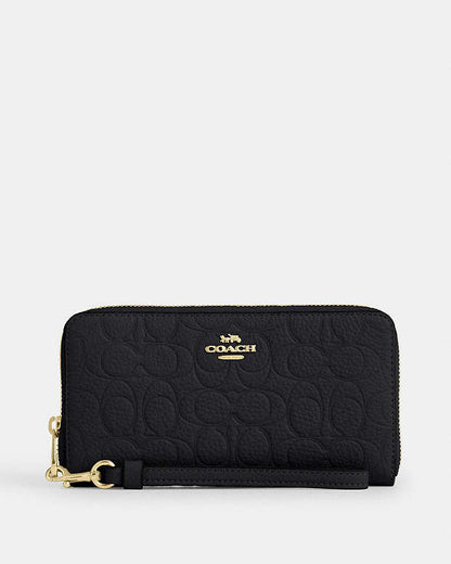 Long Zip Around Wallet In Signature Leather Pebbled Leather-Gold-Black Pebbled Leather-Gold-Black