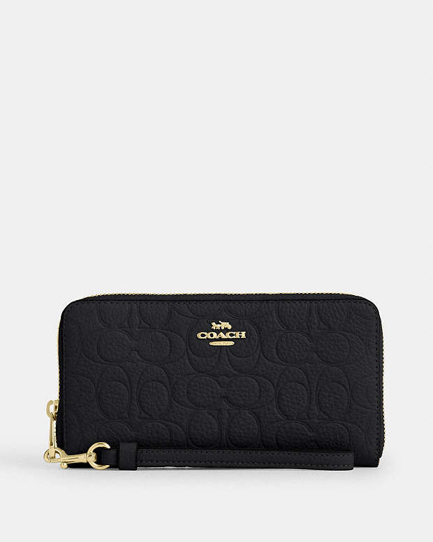 Long Zip Around Wallet In Signature Leather Pebbled Leather-Gold-Black Pebbled Leather-Gold-Black