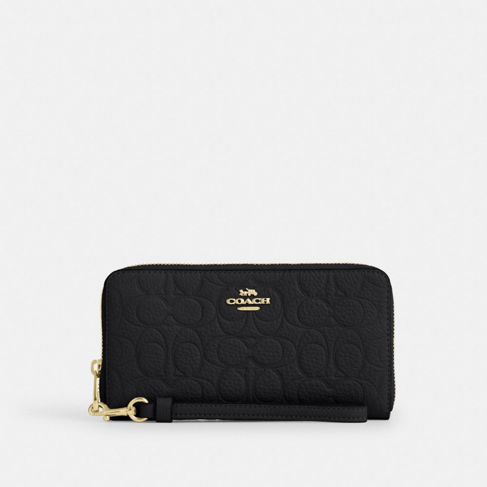 Coach Long Zip Around Wallet In Signature Leather Gold Black