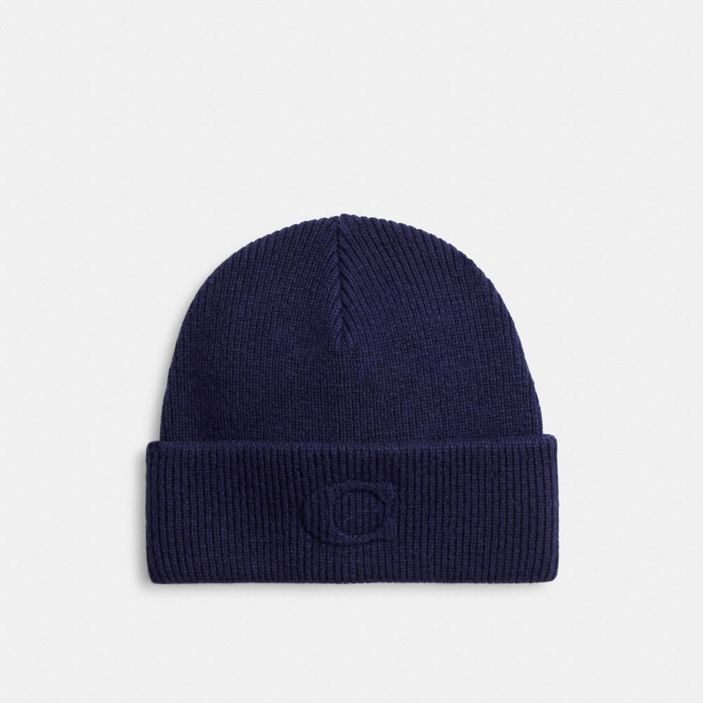 Coach Signature Embossed Knit Beanie Deep Blue