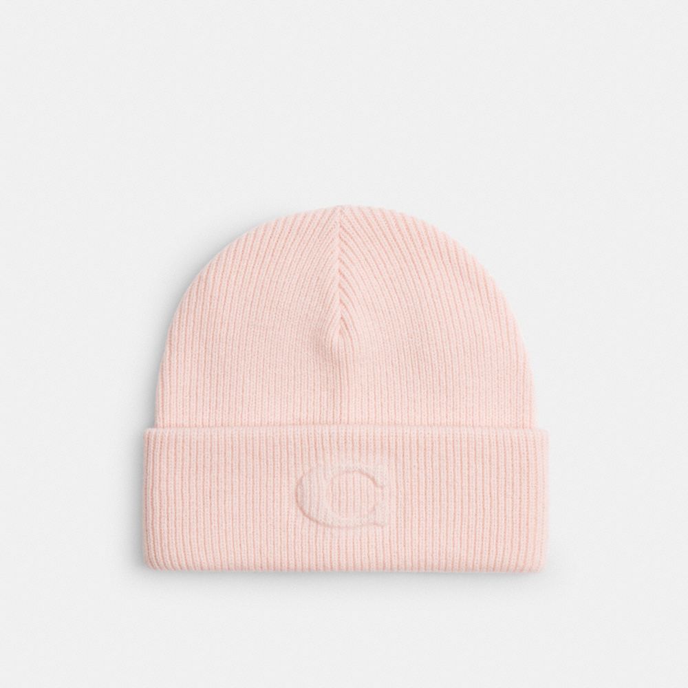 Coach Signature Embossed Knit Beanie Peach