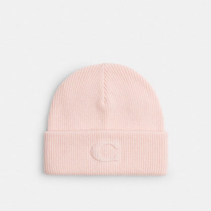 Coach Signature Embossed Knit Beanie Peach