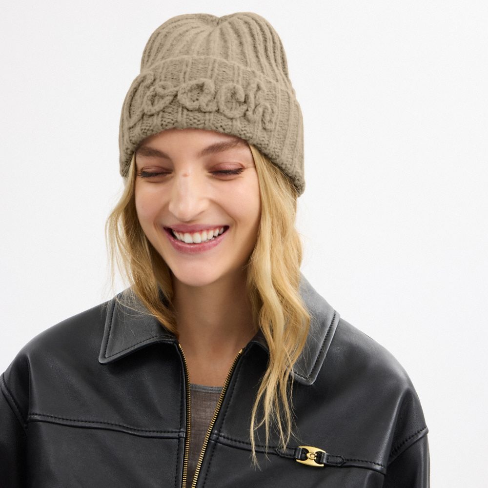 Coach Coach Script Knit Beanie Grey Birch