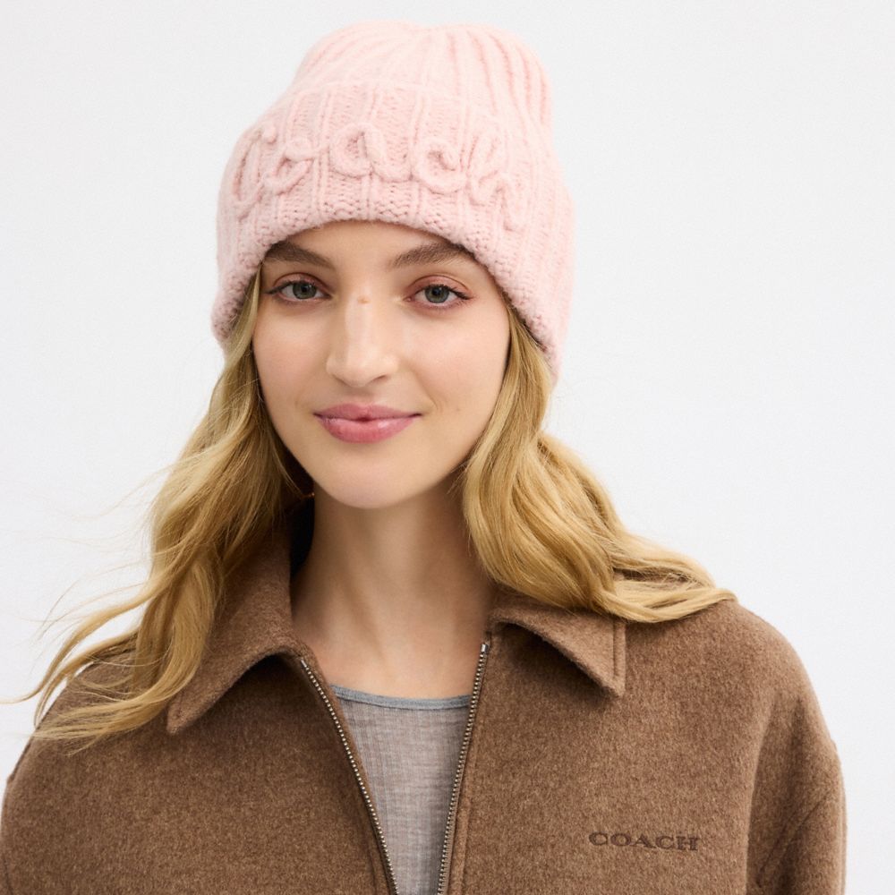 Coach Coach Script Knit Beanie Pink