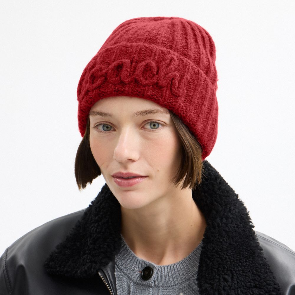 Coach Coach Script Knit Beanie Red