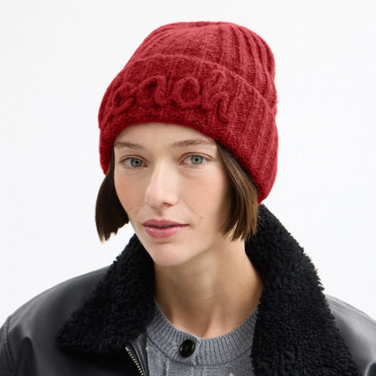 Coach Coach Script Knit Beanie Red