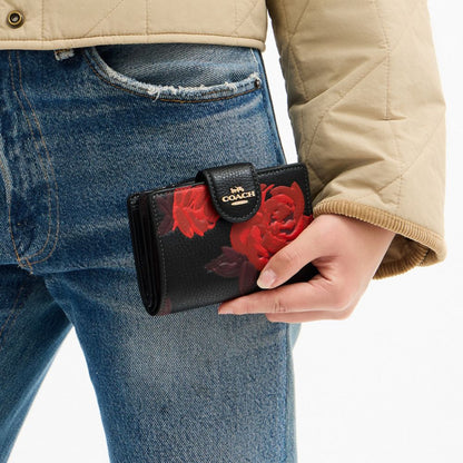 Coach Medium Corner Zip Wallet With Floral Print Im Black Red