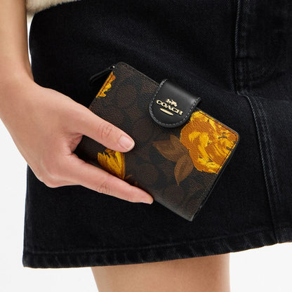 Coach Medium Corner Zip Wallet In Signature Canvas With Floral Print Gold