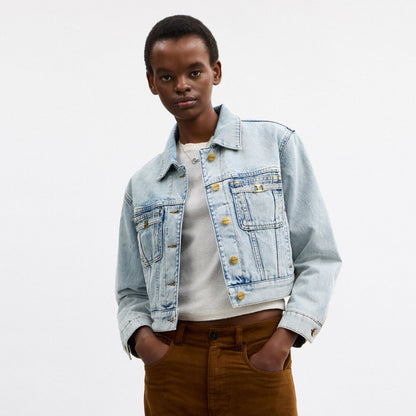 Coach Cropped Heritage C Denim Trucker Jacket In Organic Cotton With Shearling Collar Light Blue Denim