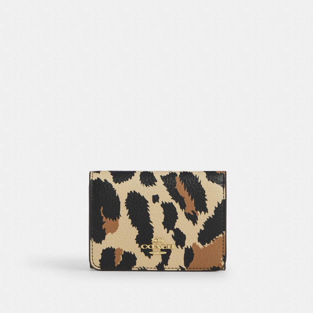 Coach Card Holder Wallet With Leopard Print And Signature Canvas Gold