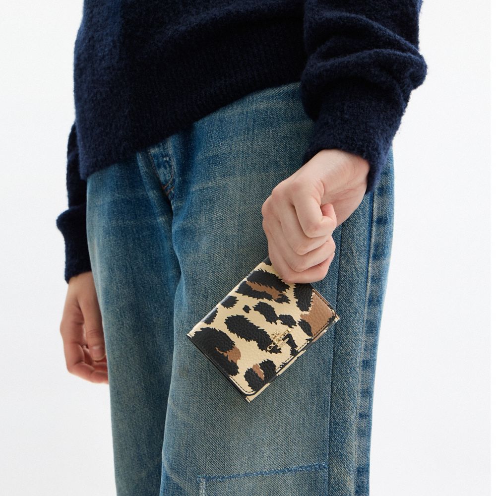 Coach Card Holder Wallet With Leopard Print And Signature Canvas Gold