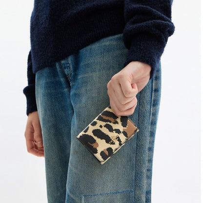 Coach Card Holder Wallet With Leopard Print And Signature Canvas Gold