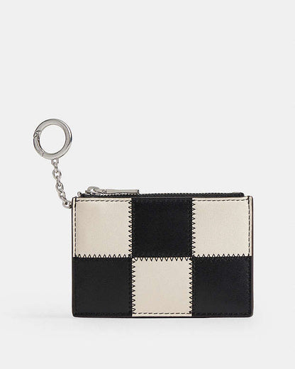 Zip Card Case With Key Ring In Checkerboard Upcrafted Leather Black-Chalk Black-Chalk