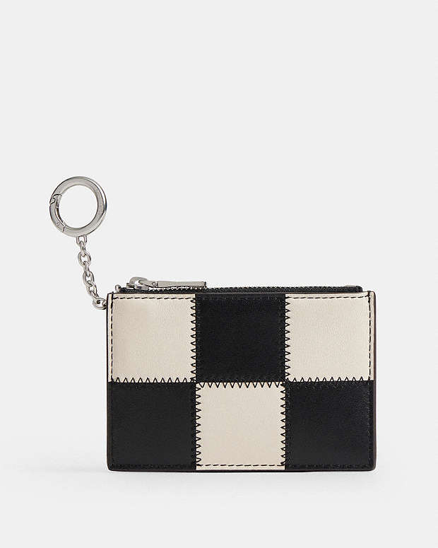 Zip Card Case With Key Ring In Checkerboard Upcrafted Leather Black-Chalk Black-Chalk