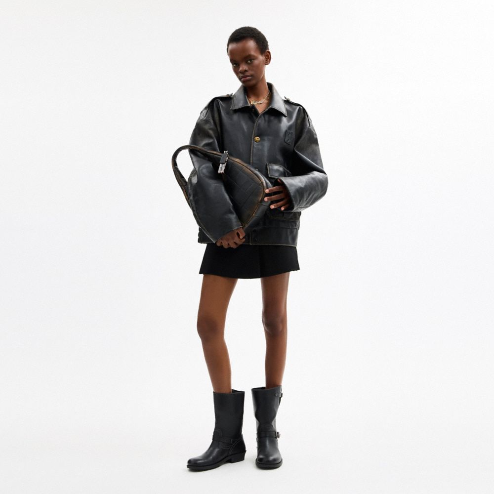 Coach Alter/Ego Crescent Shoulder Bag In Checkerboard Upcrafted Leather Black Brown