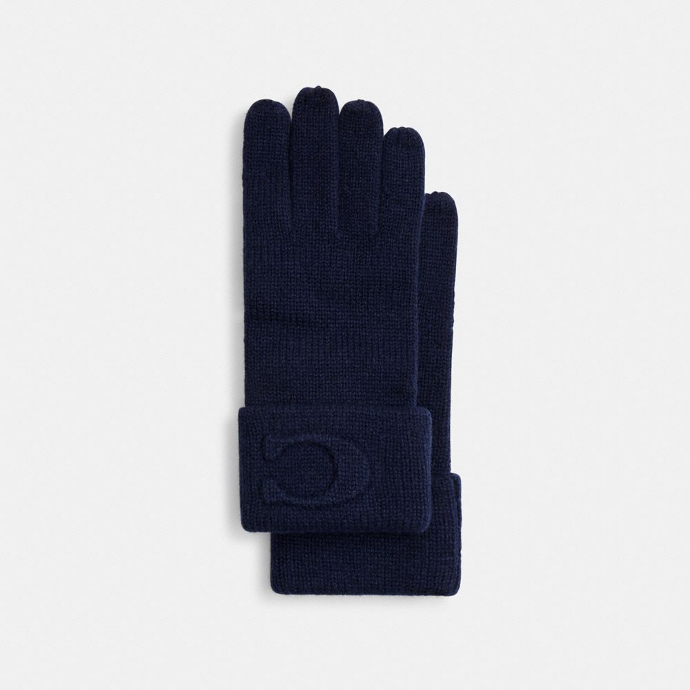 Coach Signature Embossed Knit Gloves Deep Blue