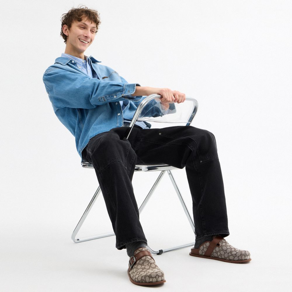 Coach Buckle Clog In Signature Jacquard Oak Vintage Brown