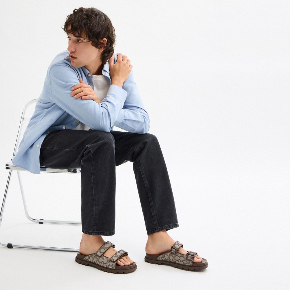 Coach Double Banded Sandal In Signature Jacquard Oak Maple