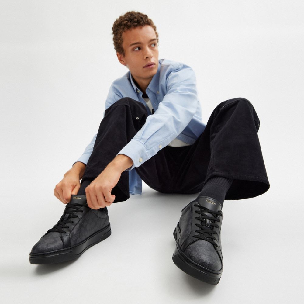 Coach High Line Sneaker In Signature Canvas Graphite Black