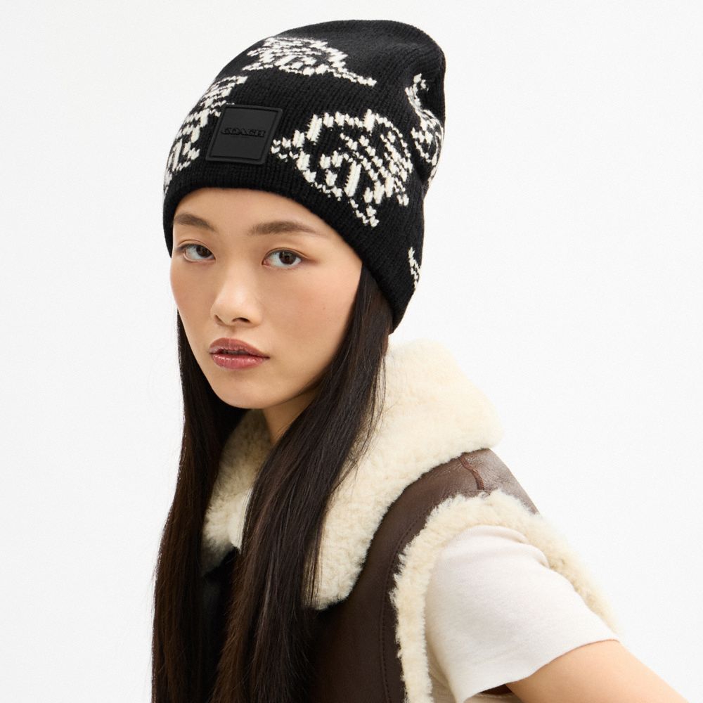 Coach Dino Print Knit Beanie Black