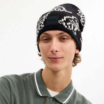 Coach Dino Print Knit Beanie Black