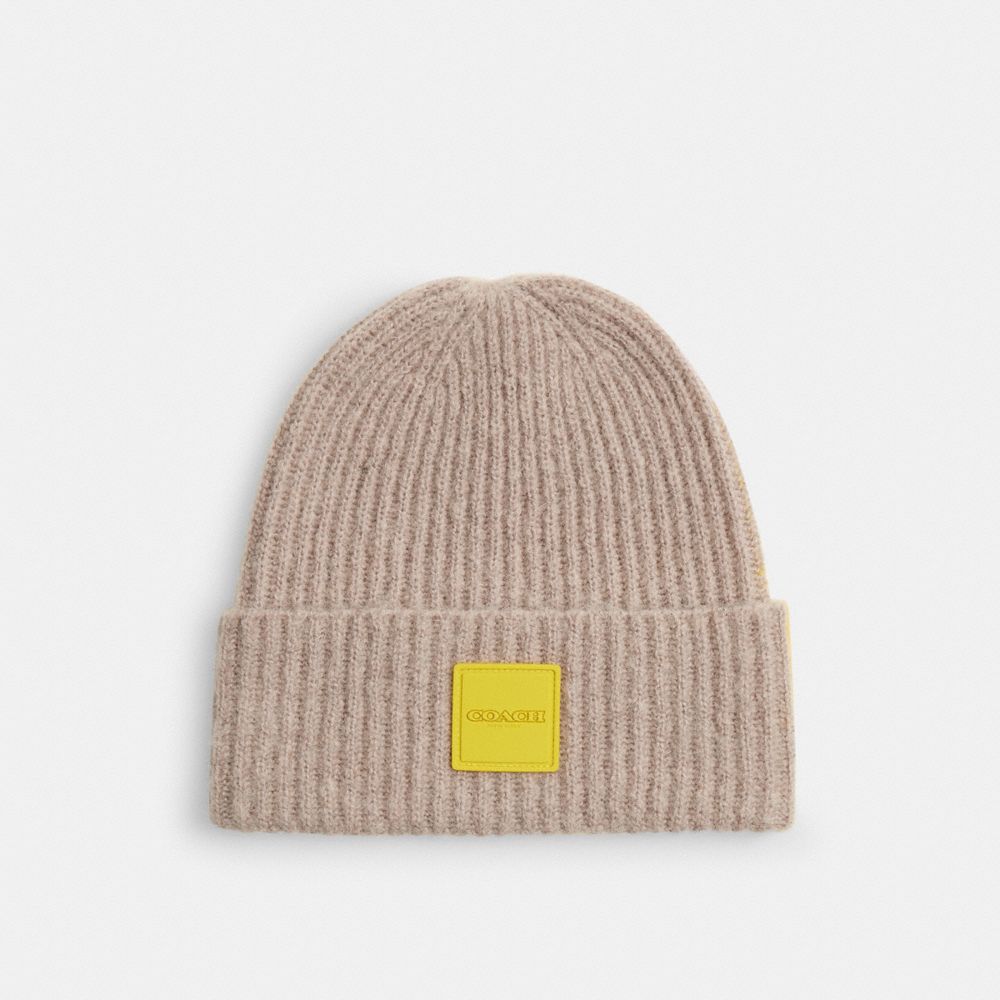Coach Colorblock Beanie With Rubber Patch Grey Birch Lime