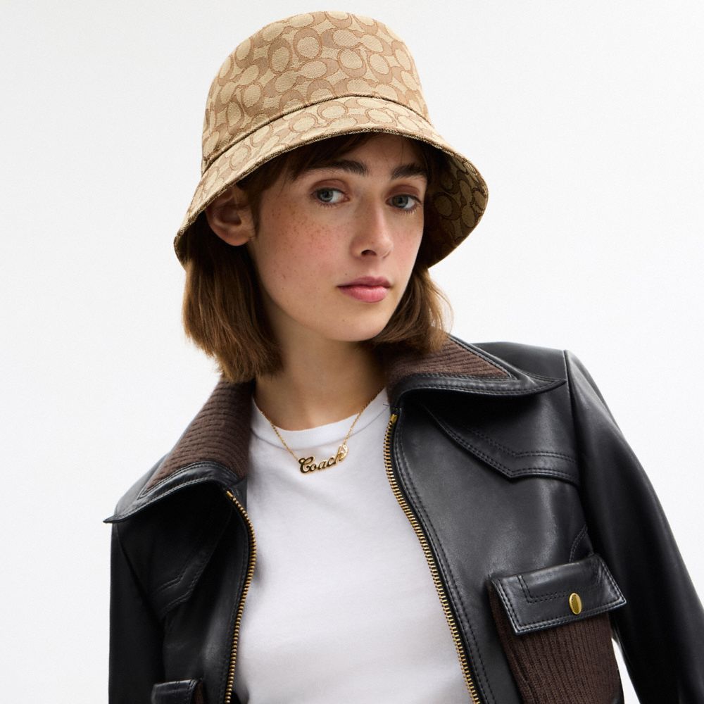 Coach Signature Jacquard Bucket Hat Tan