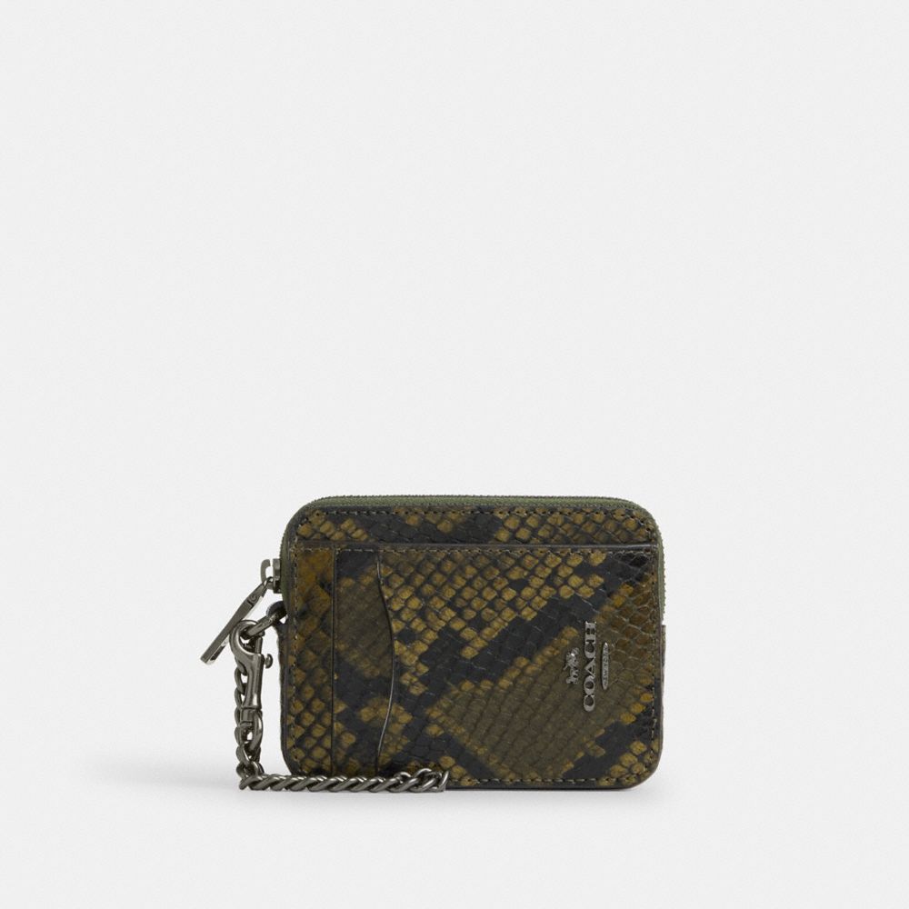 Coach Zip Card Case With Snake Print Gunmetal Olive Multi