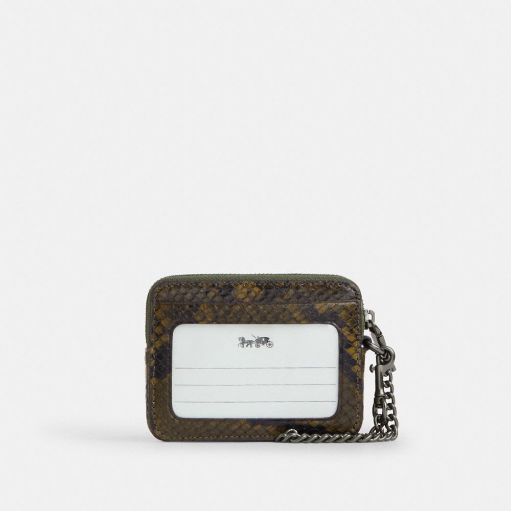 Coach Zip Card Case With Snake Print Gunmetal Olive Multi