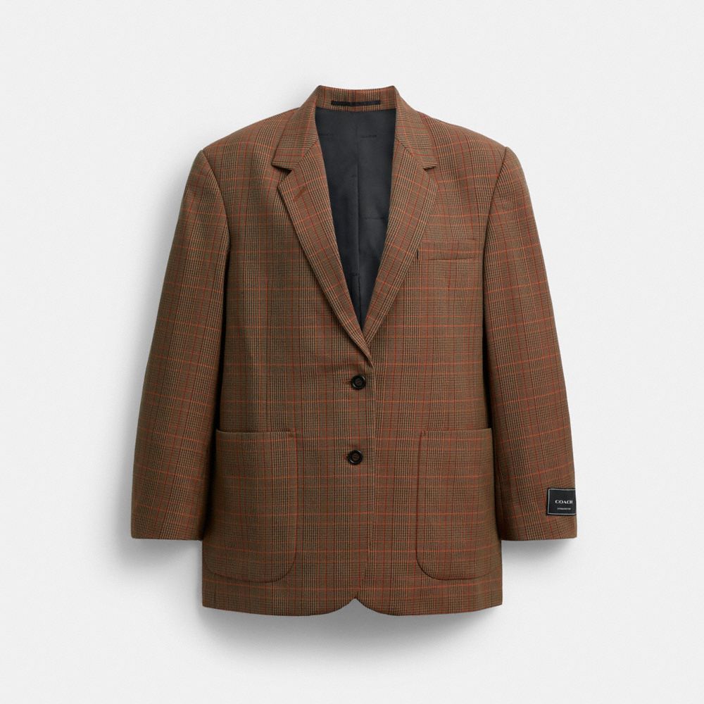 Coach Oversized Single Breasted Blazer Orange Pink Plaid