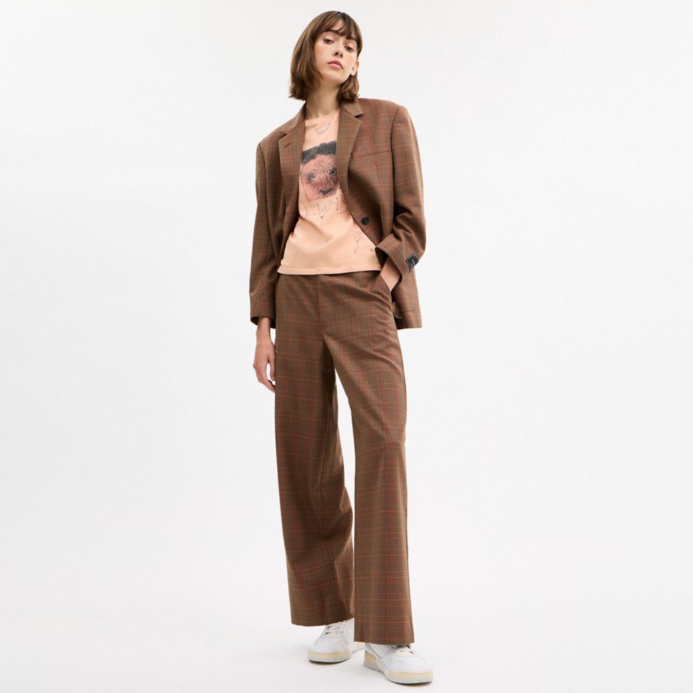 Coach Oversized Single Breasted Blazer Orange Pink Plaid