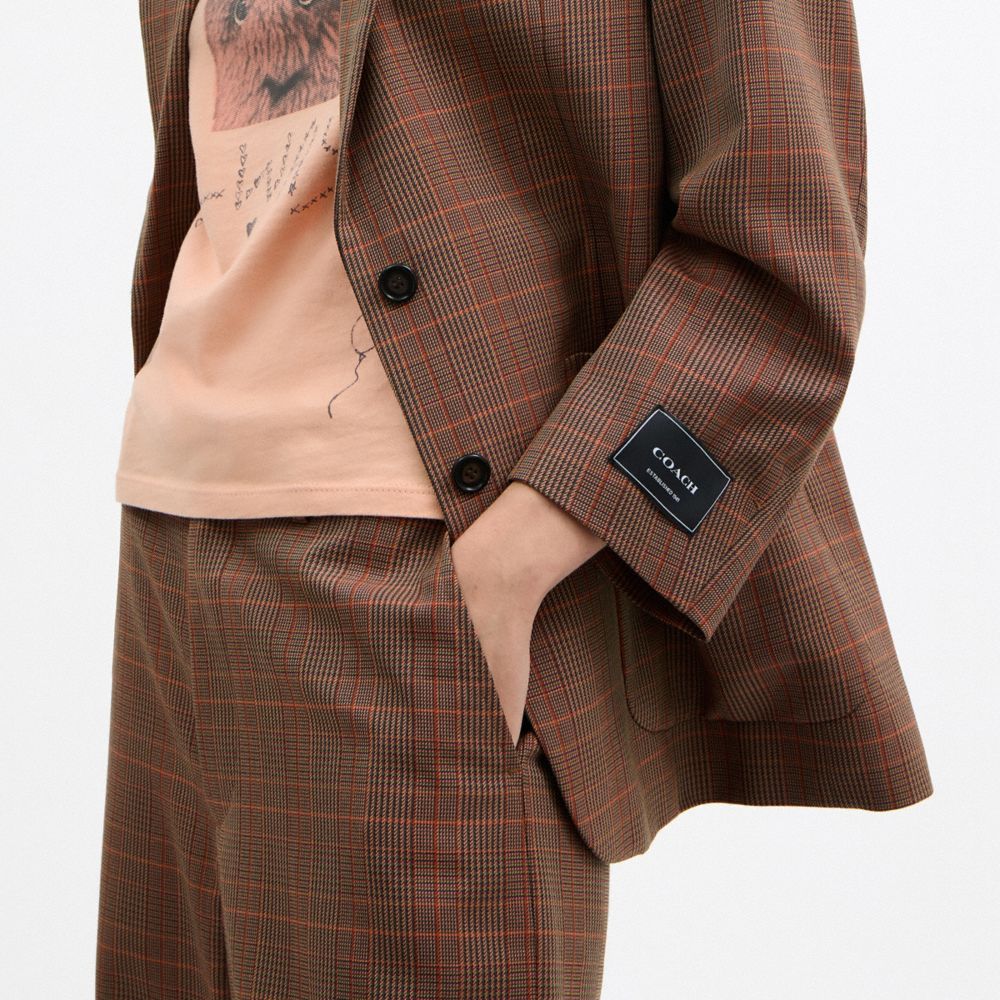 Coach Oversized Single Breasted Blazer Orange Pink Plaid