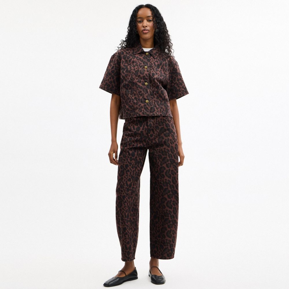 Coach Leopard Print Denim Short Sleeve Top Dark Leopard