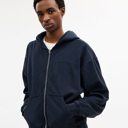 Coach Garment Dyed Zip Hoodie Navy Blue