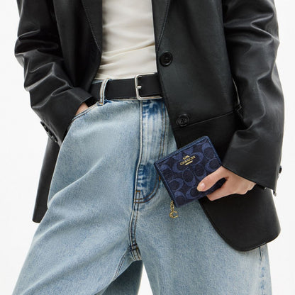 Coach Snap Wallet In Signature Chenille Gold/Navy
