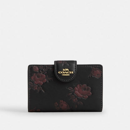 Coach Medium Corner Zip Wallet With Floral Print Im Black Wine Multi