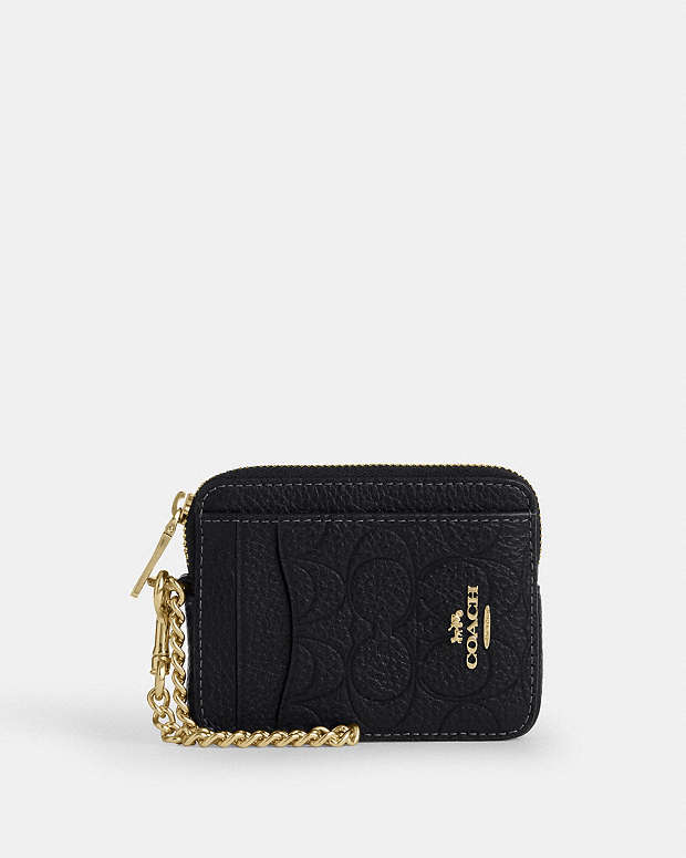 Zip Card Case In Signature Leather Pebbled Leather-Gold-Black Pebbled Leather-Gold-Black