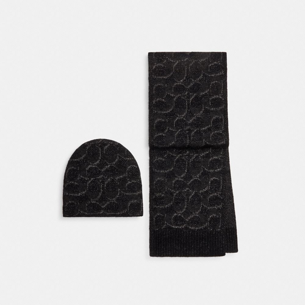 Coach Signature Metallic Beanie And Muffler Gift Set Black