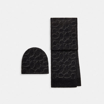 Coach Signature Metallic Beanie And Muffler Gift Set Black