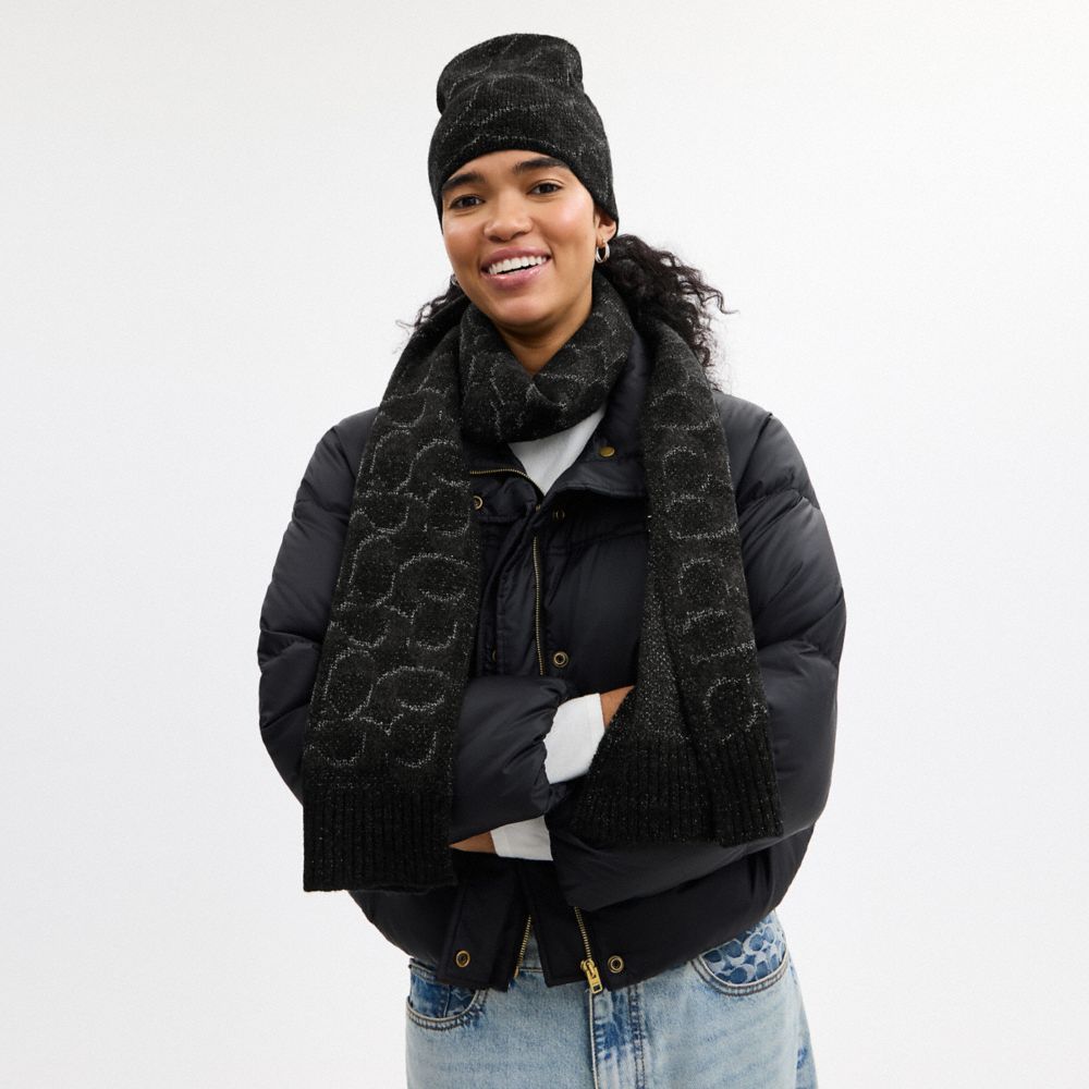 Coach Signature Metallic Beanie And Muffler Gift Set Black